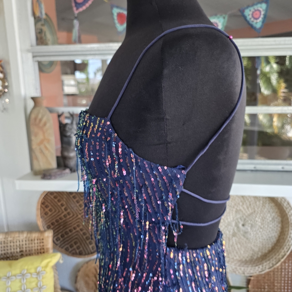 Windsor Large Khloe Sequin Fringe Party Dress Stretchy Navy Fringe Dress - Picture 5 of 12